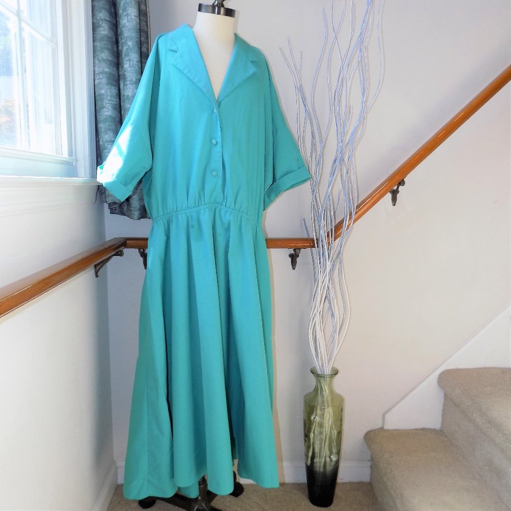AMERICAN SHIRT DRESS Vintage Dress Aqua Button Down Plus Size 18W